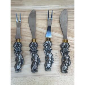 Arthur Court Rabbit Cheese Knife Serving Set–4 Pieces –1988 2 forks & 2 knives